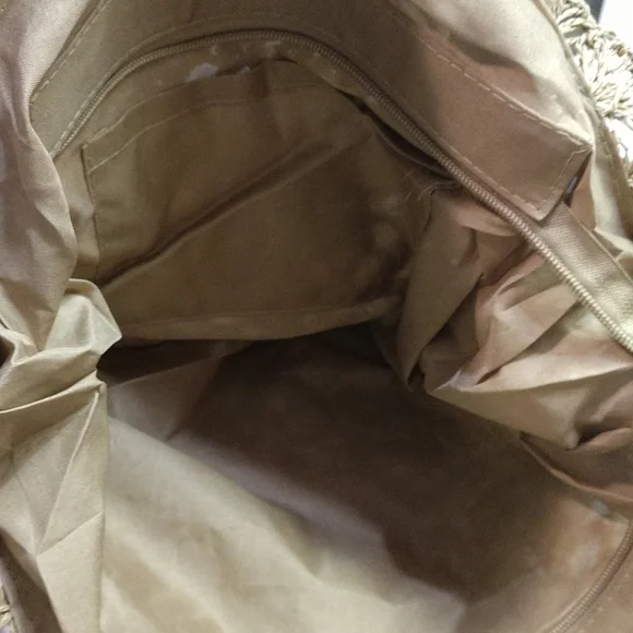 SALE Circle Handmade Crochet Shoulder Tote Bag Lined Zipper Light Brown Boho - Picture 9 of 13